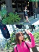 A woman taking a picture of herself in front of a restaurant.