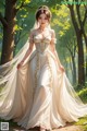 A woman in a wedding dress standing in the woods.