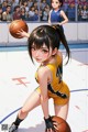 A girl in a yellow and black uniform holding a basketball.