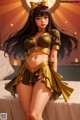 A woman in a gold outfit sitting on a bed.