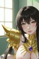 Anime girl with long black hair wearing a gold outfit.